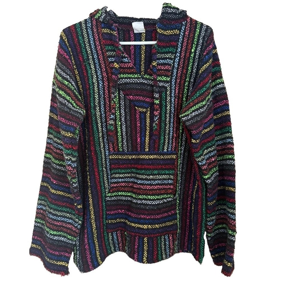 Artesanias Guamatzl Mexican Baja Hoodie Pullover Poncho Striped L Rainbow Hippie